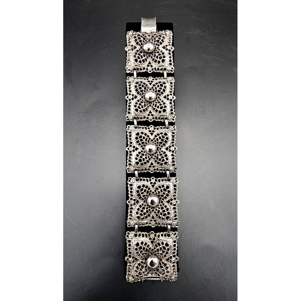 Vintage‎ Celebrity Filigree Square Panel Bracelet SIGNED Silver Tone 1960s